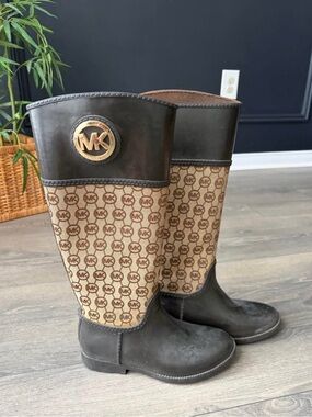Michael Kors Brown and Tan MK Monogram Tall Rain Boots